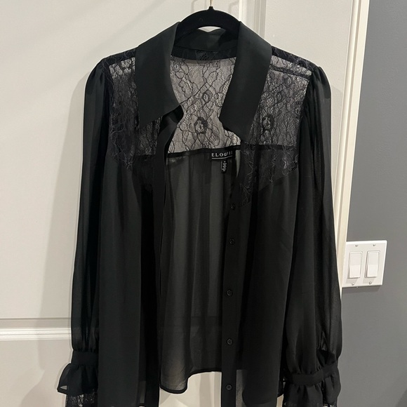 Eloquii Sheer Black Blouse with Lace Trim - Picture 4 of 10